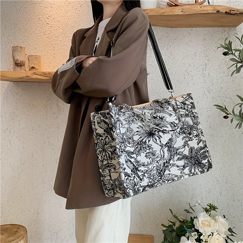Flower Sketch Large Capacity Canvas Tote Bag, Durable Lightweight Shoulder Satchel Bag, Casual Practical Commuter Bag